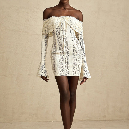 Santa Flared Cuffs Mini Dress Neutrals Lace Off Shoulder Long Sleeve Cut Out Rear Zip Straight Hem Mini Length