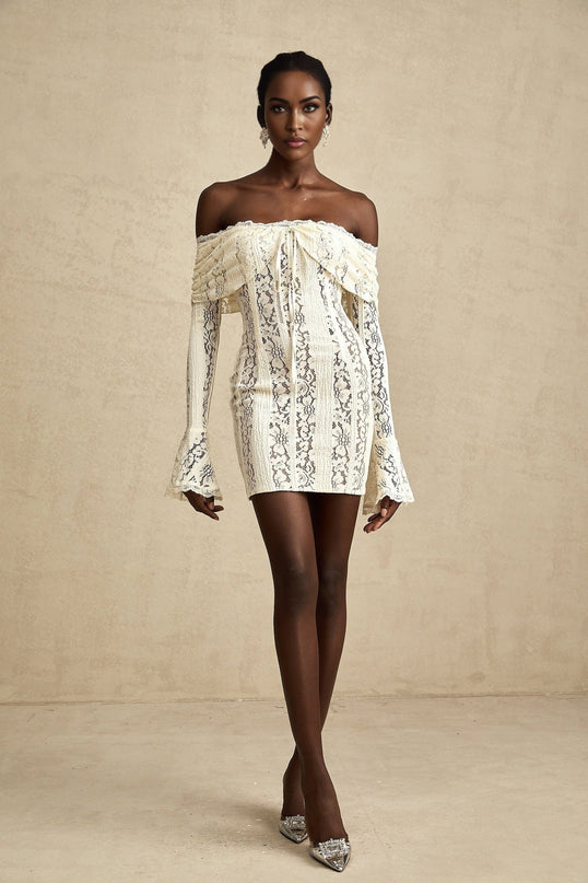 Santa Flared Cuffs Mini Dress Neutrals Lace Off Shoulder Long Sleeve Cut Out Rear Zip Straight Hem Mini Length