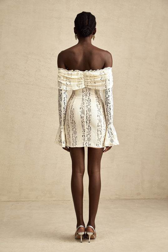 Santa Flared Cuffs Mini Dress Neutrals Lace Off-Shoulder Long Sleeves Cut-Out Rear Zip Straight Hem Mini Length