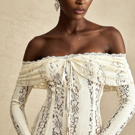 Santa Flared Cuffs Mini Dress Neutrals Lace Off-Shoulder Long Sleeves Cut-Out Rear Zip Straight Hem Mini Length