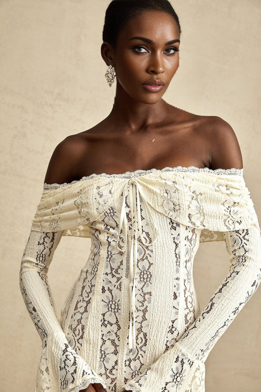 Santa Flared Cuffs Mini Dress Neutrals Lace Off-Shoulder Long Sleeves Cut-Out Rear Zip Straight Hem Mini Length