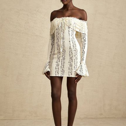 Santa Flared Cuffs Mini Dress Neutrals Lace Off-Shoulder Long Sleeve Chic Cut-Out Zip Feminine Mini