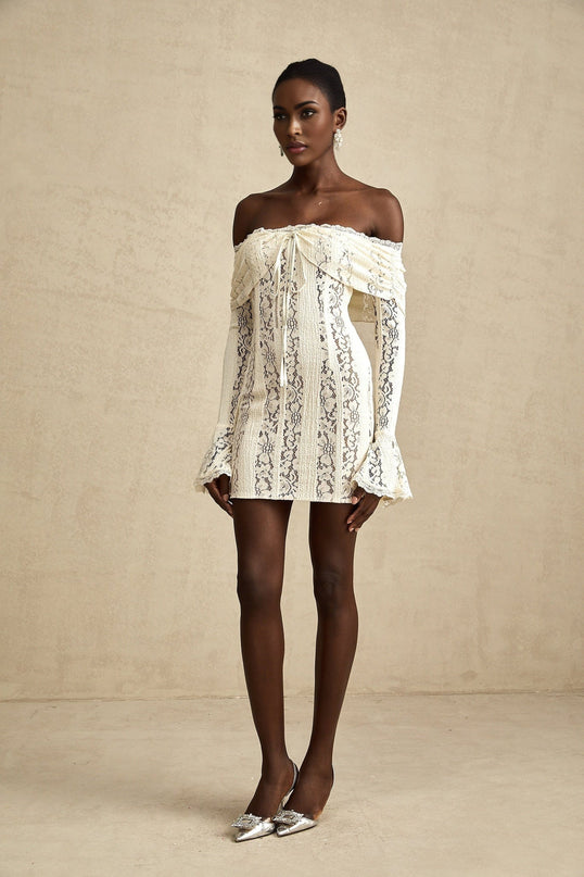 Santa Flared Cuffs Mini Dress Neutrals Lace Off-Shoulder Long Sleeve Chic Cut-Out Zip Feminine Mini