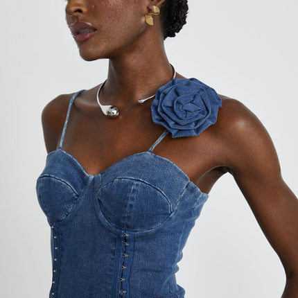 Santa Indigo Blue Denim Floral Appliqué Mini Dress
