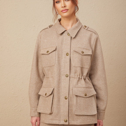 Santa Khaki Jacket and Culottes Set in Twill Weave