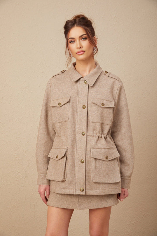 Santa Khaki Jacket and Culottes Set in Twill Weave