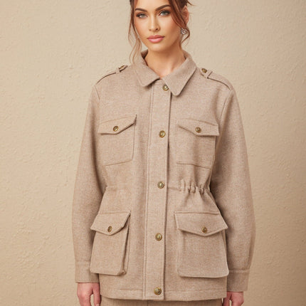 Santa Khaki Twill Weave Jacket and Culottes Set in Sophisticated Style