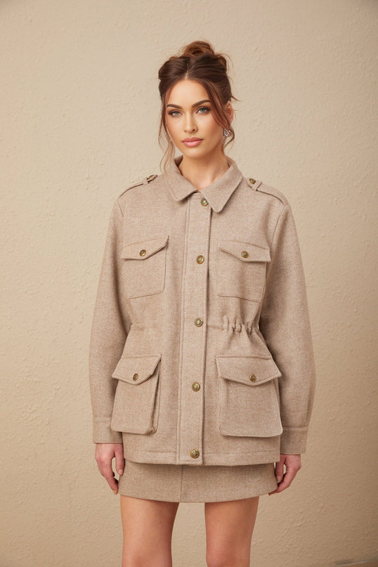 Santa Khaki Twill Weave Jacket and Culottes Set in Sophisticated Style