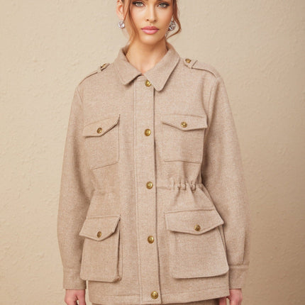 Santa Khaki Twill Weave Jacket and Culottes Set with Epaulet Design and Drawstring Waist