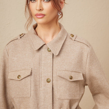 Santa Khaki Twill Weave Jacket and Culottes Set with Epaulet Design and Drawstring Waist