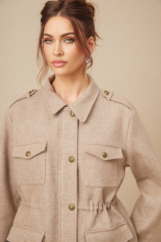 Santa Khaki Twill Weave Jacket and Culottes Set with Epaulet Design and Drawstring Waist