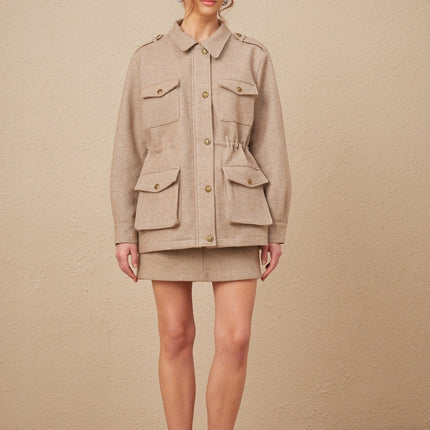 Santa Khaki Twill Weave Jacket and Culottes Set with Epaulet Design and Drawstring Waist