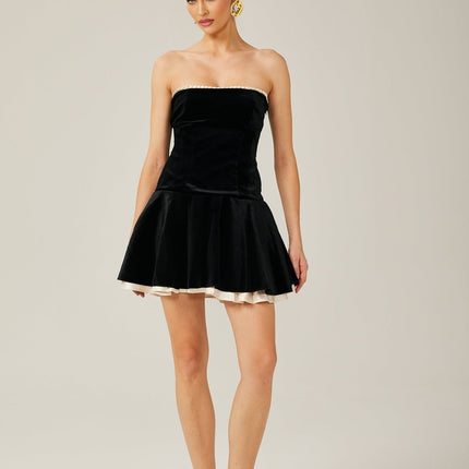 Santa Mini Dress Black Velvet Pleated Strapless Corset Style Mid-Waist Silhouette Layered Skirt Rear Tie Fastening Thigh-Length Cut 98% Terylene 2% Elastane Luxury Fashion Special Occasions Glamorous Evenings