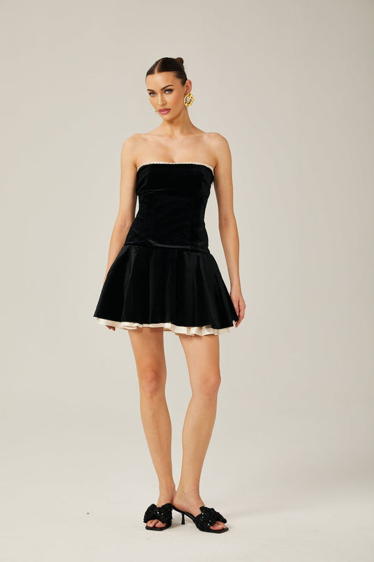 Santa Mini Dress Black Velvet Pleated Strapless Corset Style Mid-Waist Silhouette Layered Skirt Rear Tie Fastening Thigh-Length Cut 98% Terylene 2% Elastane Luxury Fashion Special Occasions Glamorous Evenings