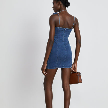 Santa Mini Dress Blue Denim Floral Appliqué Corset Style Spaghetti Straps Zip Fastening Thigh-Length Straight Hem Organic Cotton Polyester Elegant Chic Silhouette