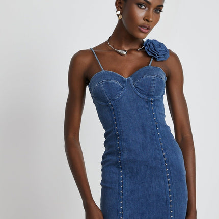 Santa Mini Dress in Blue Indigo Denim with Floral Appliqué and Corset Style Design