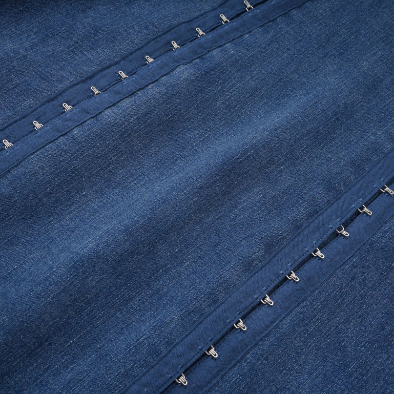 Santa Mini Dress in Indigo Blue denim blend with floral appliqué and corset style design