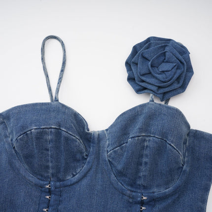 Santa Mini Dress Indigo Blue Denim Blend Floral Appliqué Corset Style Spaghetti Straps Zip Fastening Thigh-Length Straight Hem 80% Organic Cotton 20% Polyester Chic Silhouette Stylish Sustainable Elegant Graceful