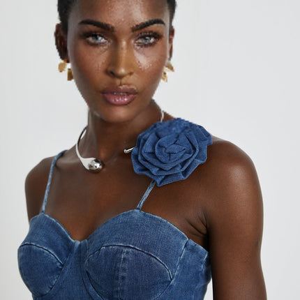 Santa Mini Dress Indigo Blue Denim Blend Floral Appliqué Corset Style Spaghetti Straps Zip Fastening Thigh-Length Straight Hem Organic Cotton Polyester Elegant Chic Silhouette
