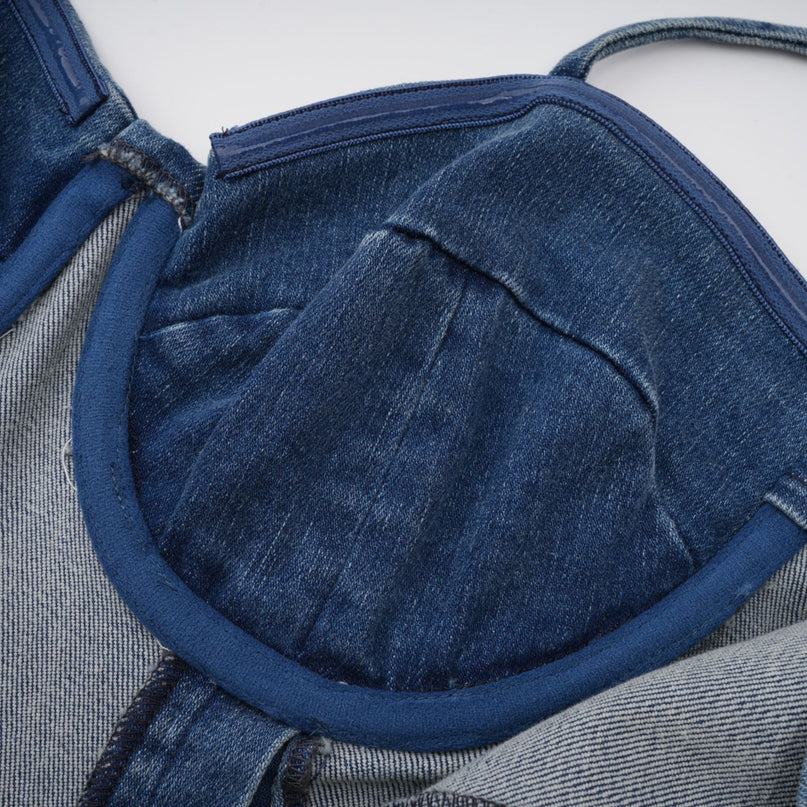 Santa Mini Dress in Indigo Blue Denim with Floral Appliqué and Corset Style Design