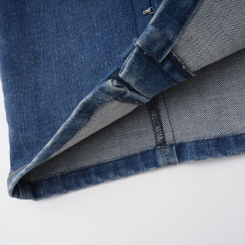 Santa Mini Dress in Indigo Blue Denim with Floral Appliqué and Corset Style Design