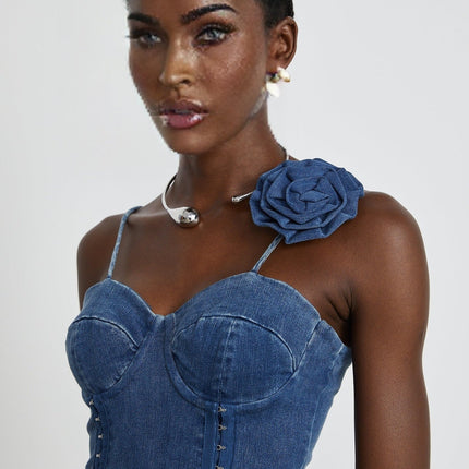 Santa Mini Dress in Indigo Blue Denim with Floral Appliqué and Corset Style Design