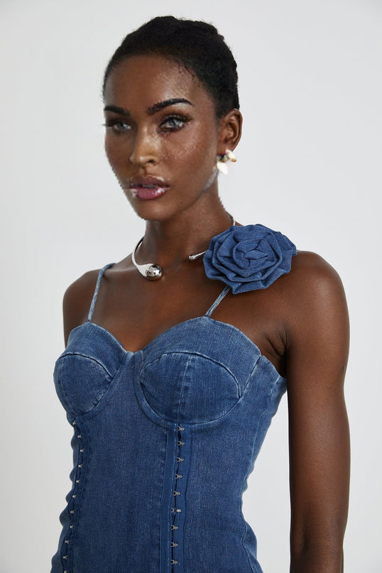Santa Mini Dress in Indigo Blue Denim with Floral Appliqué and Corset Style Design