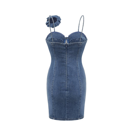 Santa Mini Dress in Indigo Blue denim blend with floral appliqué and corset design