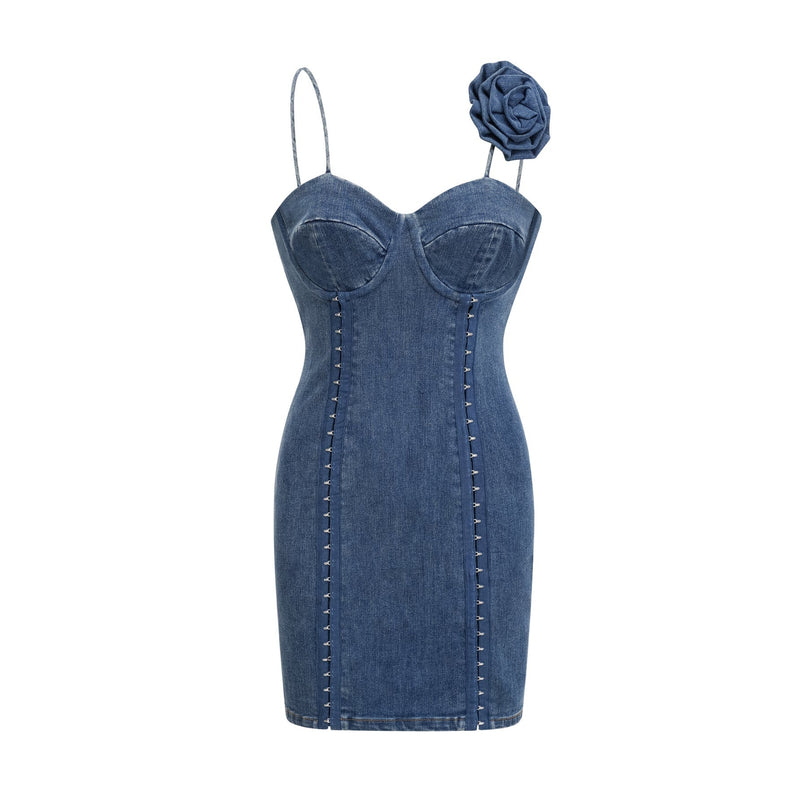 Santa Mini Dress in Indigo Blue denim blend with floral appliqué and corset style design