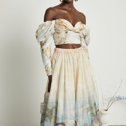 Sara Multicolor Linen Crop Top and Flared Skirt Set