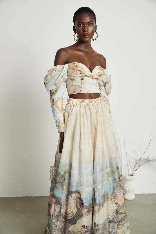 Sara Multicolor Linen Crop Top and Flared Skirt Set