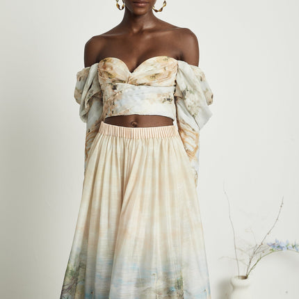 Sara Multicolor Linen Crop Top and Flared Skirt Set with Pattern Prints and Pleated Detailing