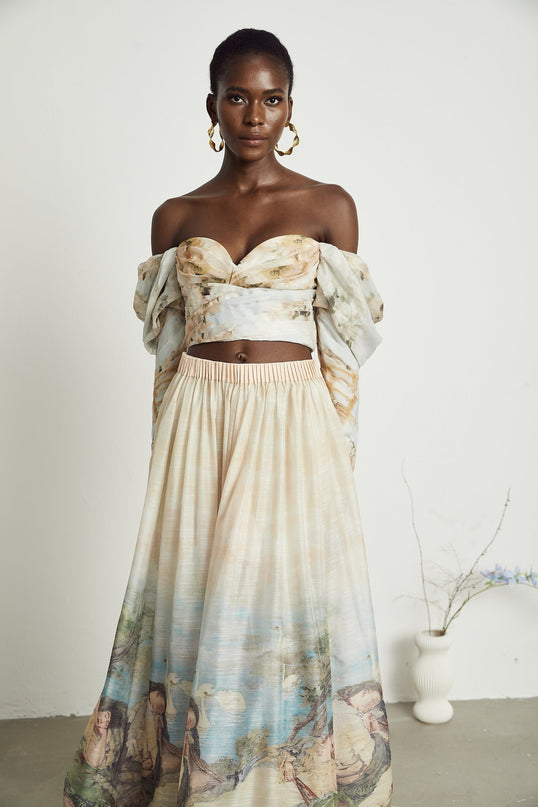 Sara Multicolor Linen Crop Top and Flared Skirt Set with Pattern Prints and Pleated Detailing