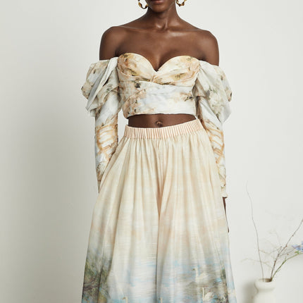 Sara Multicolor Linen Off-Shoulder Top and Flared Skirt Set with Pattern Prints and Pleated Detailing
