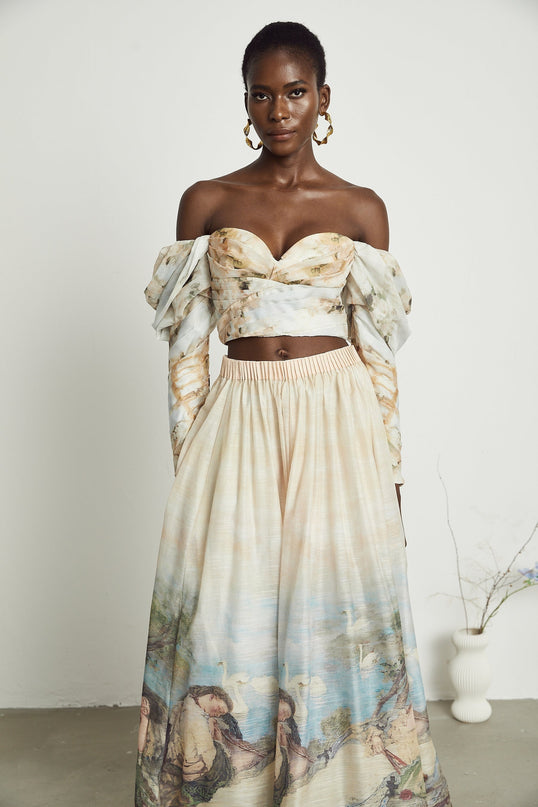 Sara Multicolor Linen Off-Shoulder Top and Flared Skirt Set with Pattern Prints and Pleated Detailing