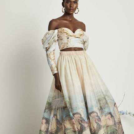 Sara Multicolor Linen Off-Shoulder Top and Flared Skirt Set