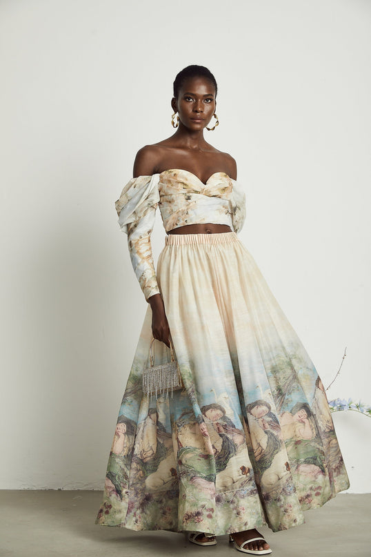 Sara Multicolor Linen Off-Shoulder Top and Flared Skirt Set