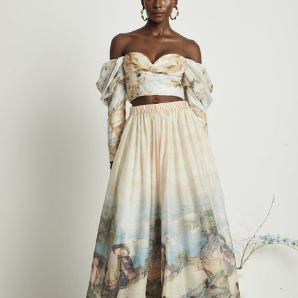 Sara Multicolor Linen Top and Skirt Set with Off-Shoulder Elegance and Bustier Charm