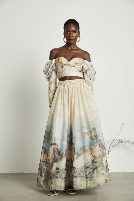 Sara Multicolor Linen Top and Skirt Set with Off-Shoulder Elegance and Bustier Charm