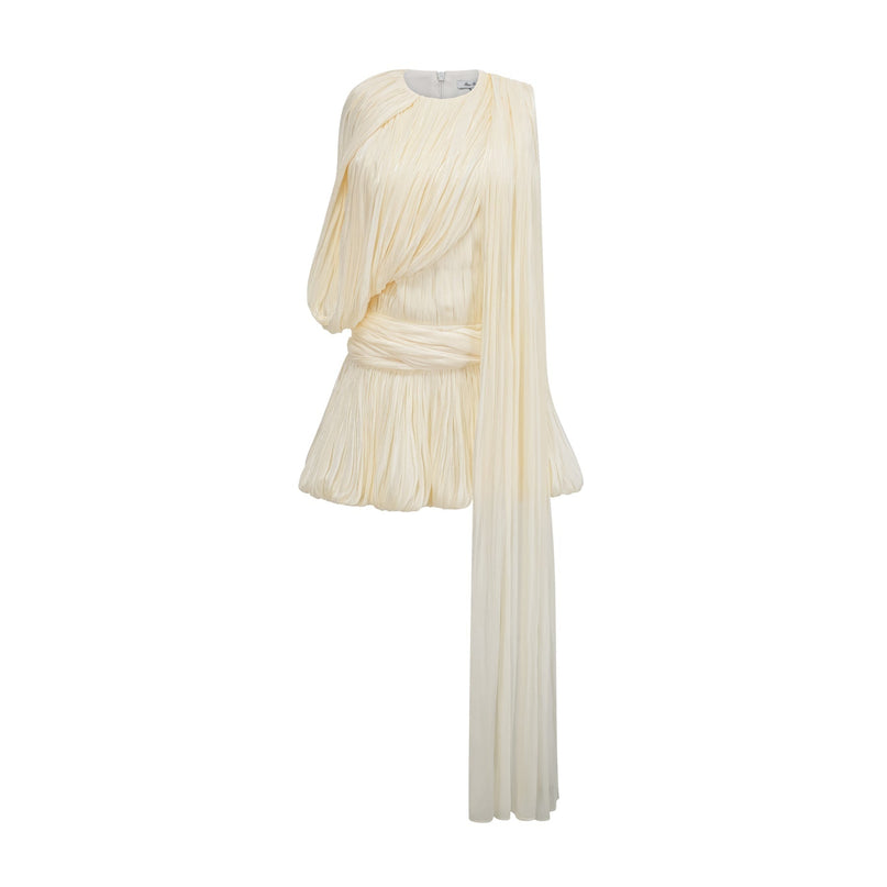 Sara Neutrals Mini Dress with Pleated Fabric and Ribbon Detailing