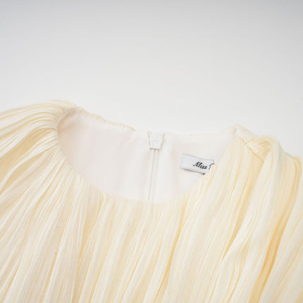 Sara Neutrals Mini Dress with Pleated Fabric, Ribbon Detailing, and Glitter Accents