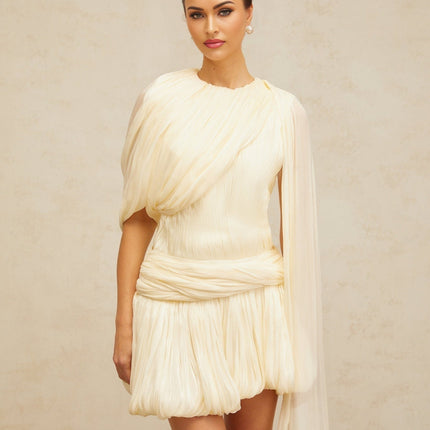 Sara Neutrals Mini Dress with Pleated Fabric and Glitter Accents