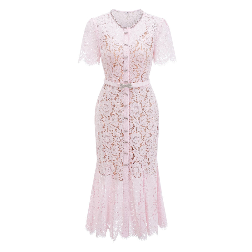 Sara Pink Floral Lace Crystal Bowknot Midi Dress