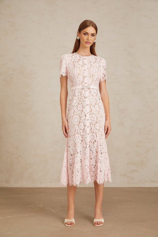 Sara Pink Floral Lace Crystal Bowknot Midi Dress