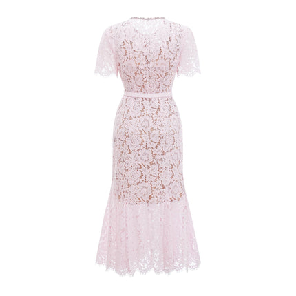 Sara Pink Floral Lace Crystal Bowknot Midi Dress