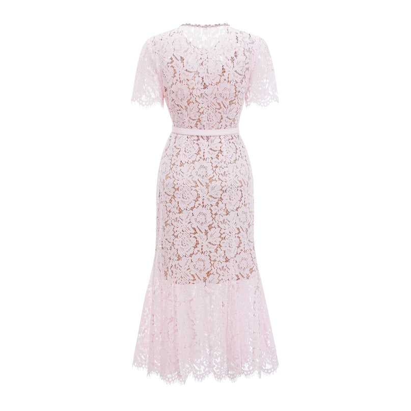 Sara Pink Floral Lace Crystal Bowknot Midi Dress