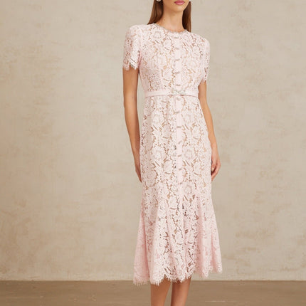 Sara Pink Floral Lace Crystal Bowknot Midi Dress