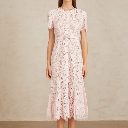 Sara Pink Floral Lace Crystal Bowknot Midi Dress