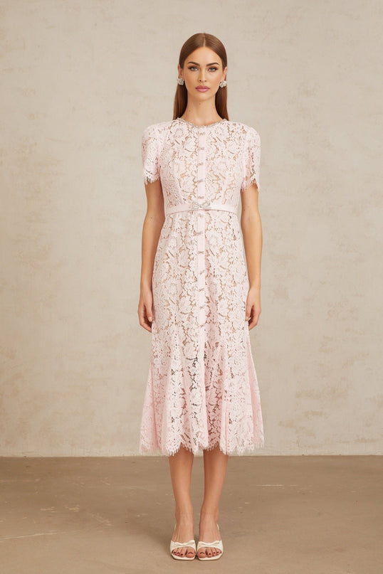 Sara Pink Floral Lace Crystal Bowknot Midi Dress