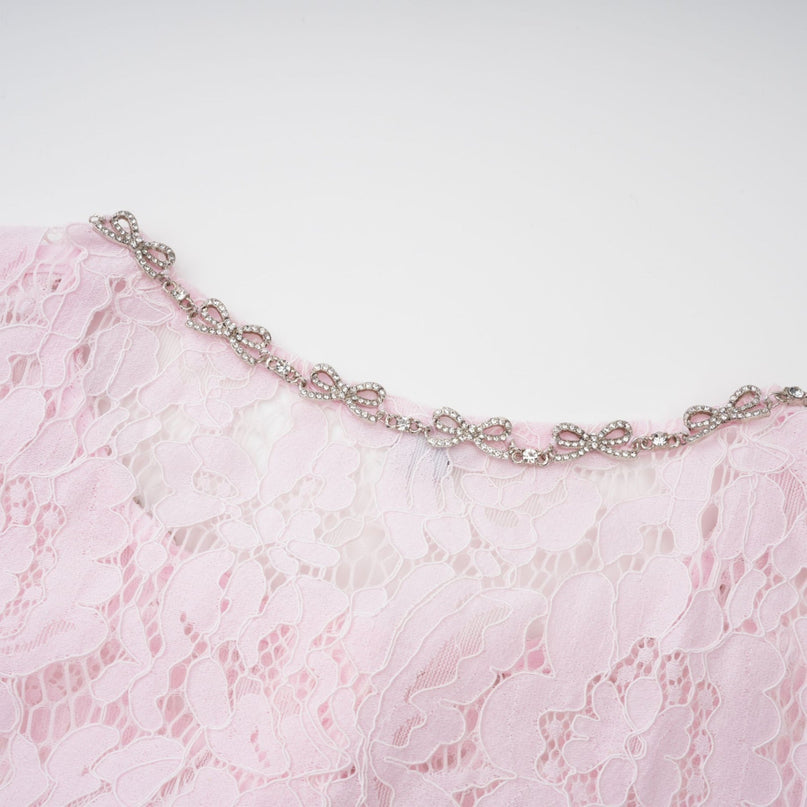 Sara Pink Floral Lace Crystal Bowknot Midi Dress